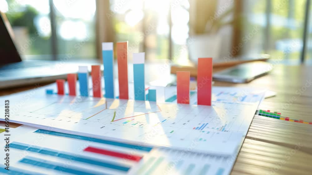 Poster a vibrant workspace featuring colorful data visualizations and charts on paper beside a laptop, show