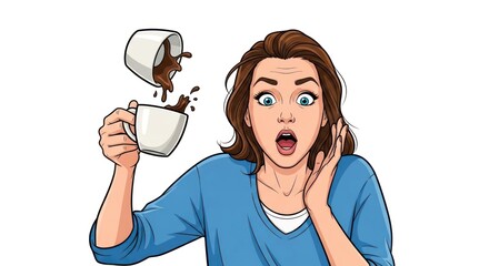 Pop art illustration of a shocked woman with wide eyes spilling her coffee from a white cup.