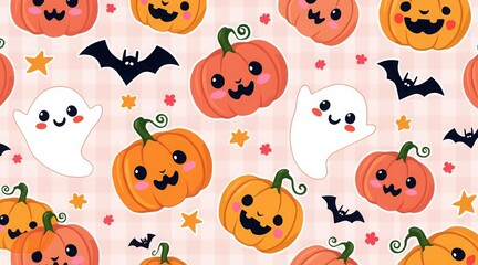 Cute halloween pattern with pumpkins, ghosts, and bats on a pink background