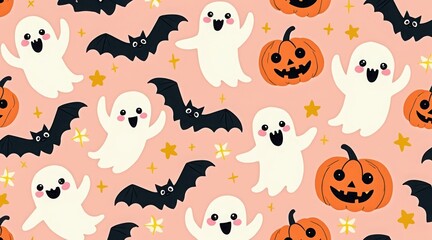 Cute halloween pattern with pumpkins, ghosts, and bats on a light pink background