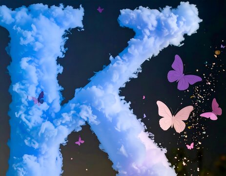 Letter K formed from clouds, butterflies, sparkles