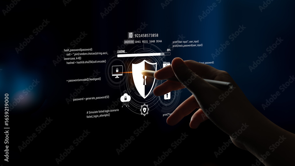 Poster cyber security protects against breaches, hacks, and network attacks using strong infrastructure and