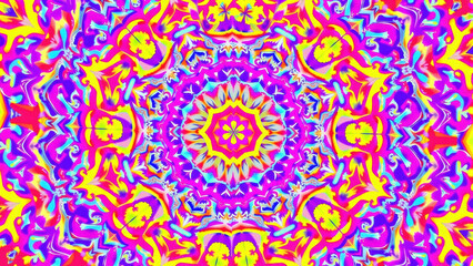 Psychedelic colorful kaleidoscope pattern with vibrant pink, yellow, blue, and purple shapes creating symmetrical mandala design