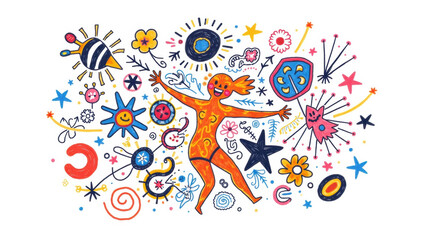 Colorful abstract doodle with joyful human figure, stars, flowers, and whimsical shapes creating lively and playful artistic composition