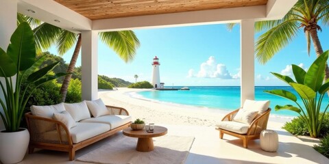 Obraz premium Serene Coastal Relaxation Luxurious Patio Furniture Overlooking a Tranquil Beach and Picturesque Lighthouse