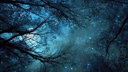 Starry night sky viewed from below silhouetted trees