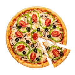 Vegetable pizza with slice cut out on transparent background
