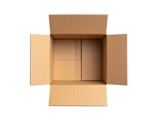 Open cardboard box, isolated on transparent background, top view