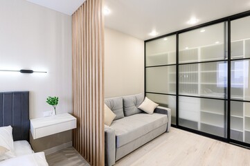 modern room features a gray sofa, a wooden slat divider, and a sliding door closet with frosted...
