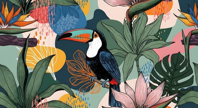 Hand drawn exotic conceptual abstract botanical print. Creative collage contemporary seamless pattern with toucan bird. Fashionable template for design