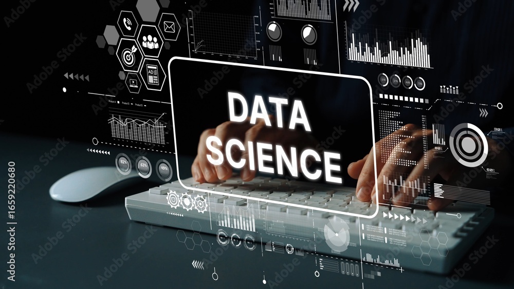 Poster innovative data science concepts with hands on keyboard and visual graphs for technology and analysi