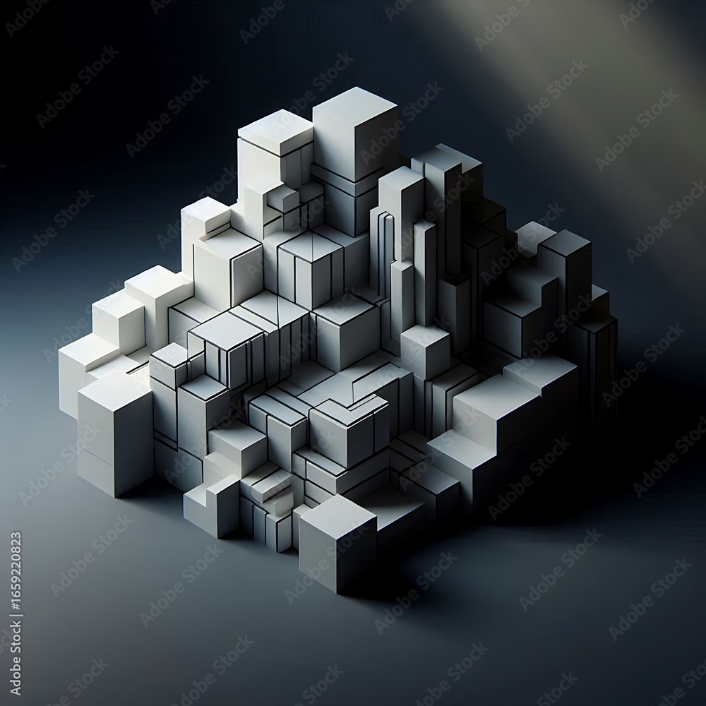 Poster abstract geometric arrangement of white cubes forming a modern, dynamic cityscape with sharp lines a