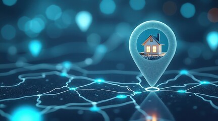 Digital house location pin on map with glowing network for real estate concept
