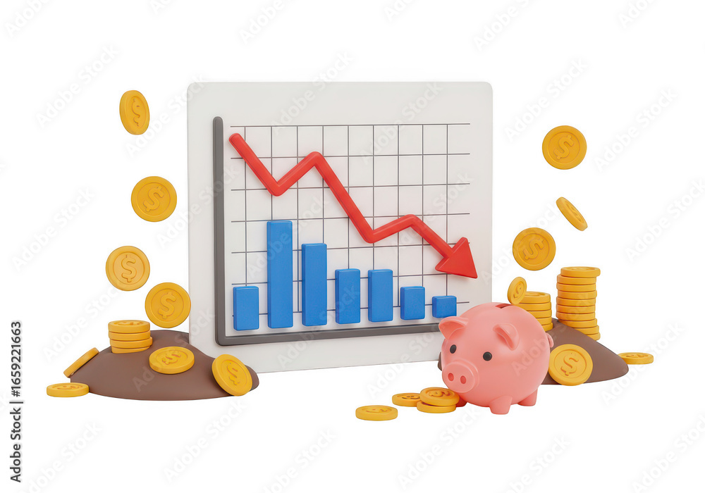 Poster loss graph with piggy bank coins on transparent background