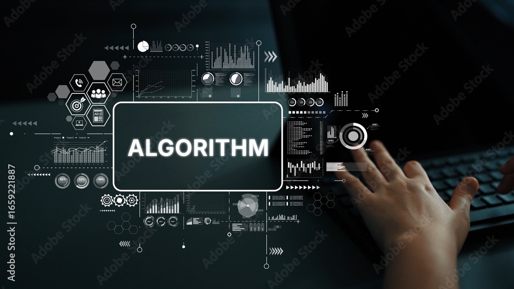 Poster conceptual illustration of algorithm development with data visualization and technology background. 