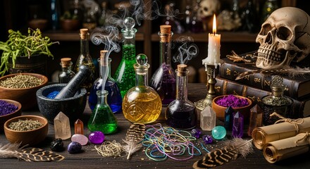 A collection of magical potions, herbs, crystals, and a skull arranged on a wooden surface creates a mystical setting, concept for halloween decoration, witchcraft practice and esoteric studies
