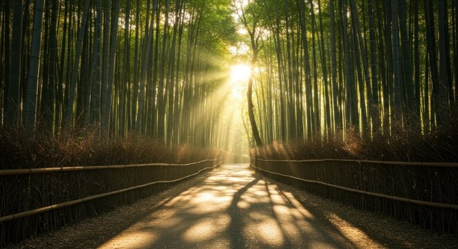 Sunbeams illuminating a path through a dense bamboo forest