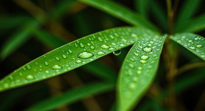 Close-up of vibrant green bamboo leaves, glistening with water droplets