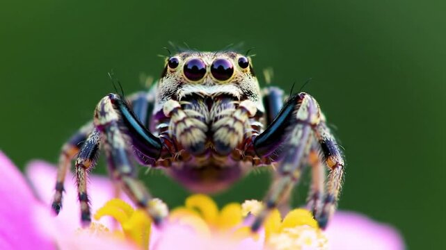 Closeup of a cute jumping spider on a pink zinnia flower in the garden