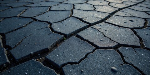 Fototapeta premium A Detailed Close-Up View of Dark Cracked Earth, Revealing a Textured Surface with Subtle Variations in Tone and Depth