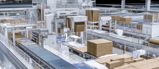 Automated factory line with conveyor belts and stacks of cardboard boxes in a bright industrial space