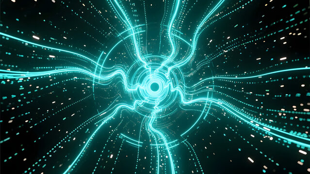 High-speed journey through a digital wormhole of glowing energy and data streams in futuristic cyberspace