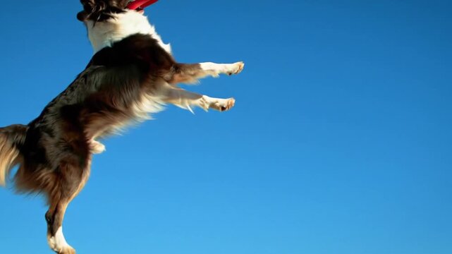 Border collie dog jumping to catch a red frisbee disc against a blue sky