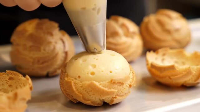 Filling profiteroles with pastry cream