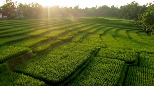 &ldquo;Aerial view of rice fields in India glowing green at sunrise.&rdquo;
