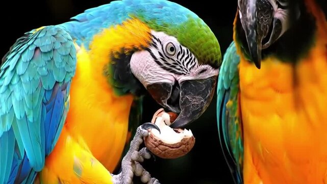 Two colorful macaws are eating a coconut shell in a black background