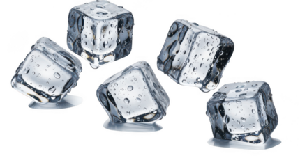 Five ice cubes on black surface on transparent background