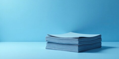 Stack of Light Blue Paper Sheets on a Table Against a Blue Background