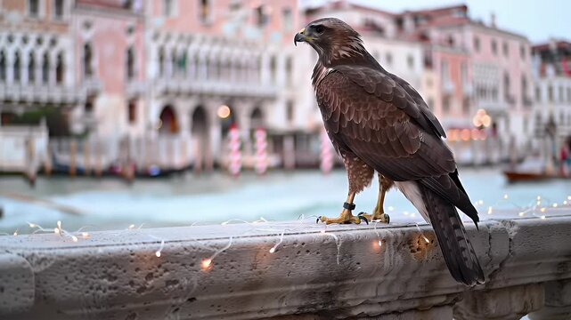 Elegant Bonelli's Eagle Aquila Fasciata Perched on Illuminated Stone Ledge with Venice Cityscape Waterways and Classic Italian Architecture at Eye Level in Italy