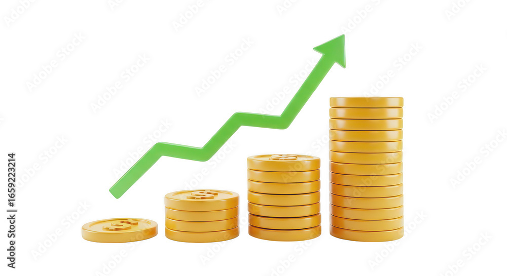 Poster coins stacks with upward arrow on transparent background