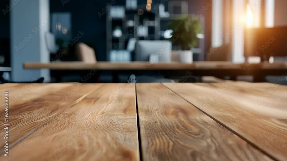 Poster an inviting wooden table captures the essence of a modern workspace. the blurred office background a