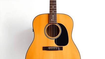 Obraz premium Acoustic guitar isolated on white background, highlighting detailed wood texture and musical craftsmanship.