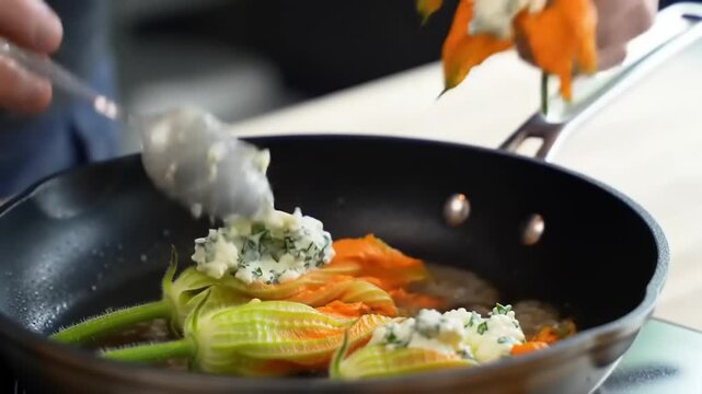 Filling zucchini flowers with a creamy mixture