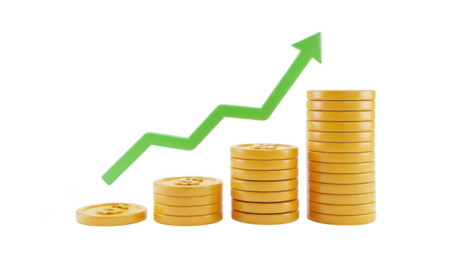 Coins stacks with upward arrow on transparent background