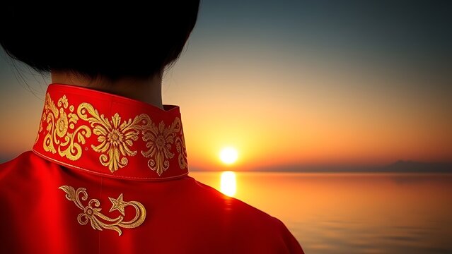 Vietnam National Day flag on silk cushion with bamboo leaves and lanterns - Powered by Adobe