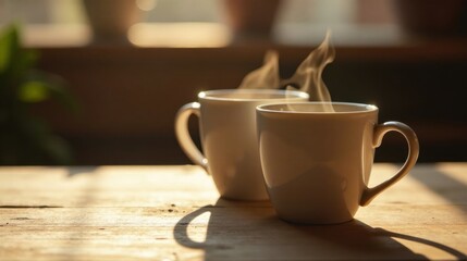 Warm morning light illuminates two steaming mugs of hot beverage on a rustic wooden surface.