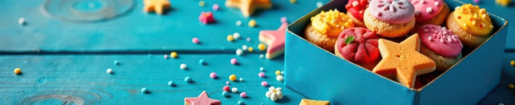 Blue box filled with colorful Sinterklaas treats; festive Dutch holiday flatlay , Saint Nicholas, strooigoed
