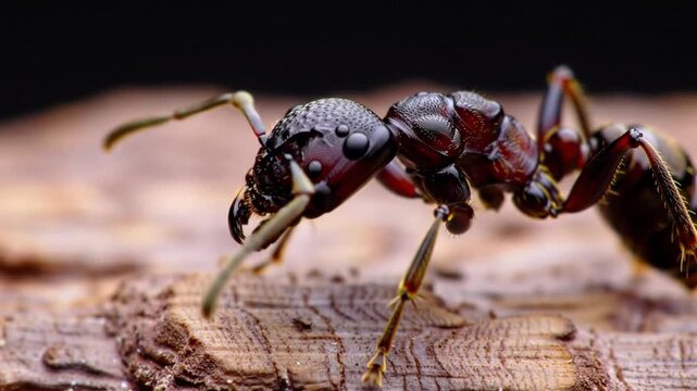 Closeup of a black ant on a wooden surface in a natural environment