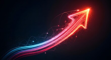 Glowing arrow ascends, its trail a vibrant, dynamic stream of blue and red energy against a dark, textured background. Symbolizing growth, progress, and innovation