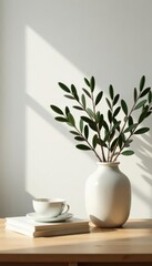 Bright apartment interior Olive branches in vase, coffee, books on wooden table Empty wall , sun, peaceful