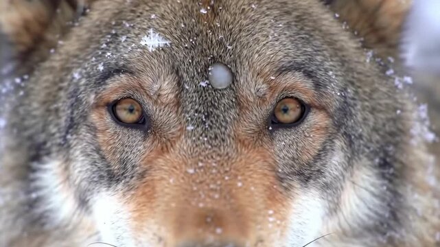 Closeup portrait of a majestic gray wolf with snow on its fur in winter