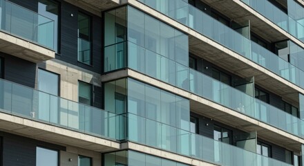 A modern building exterior featuring concrete balconies with sleek glass panel railings. Dark wood siding and windows are also present