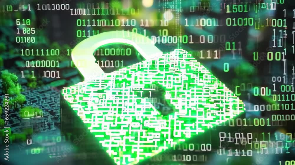 Aufkleber a digital lock symbol is depicted on a circuit board, surrounded by binary code elements, representi