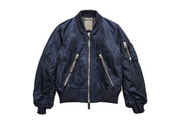Navy blue bomber jacket, front view