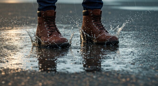 Brown leather boots splashing in a rain puddle on a dark asphalt surface. Water droplets are airborne, reflecting light. Jeans are visible above the boots