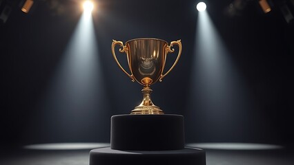 Shining gold trophy on a dark velvet pedestal with dramatic spotlight and elegant atmosphere.